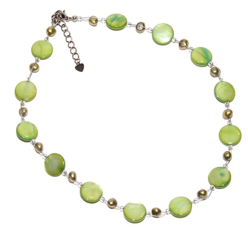 Damen-Halskette, hellgrün, türkis, gold, aus Perlen und Perlmuttmuscheln, ca.42-48cm