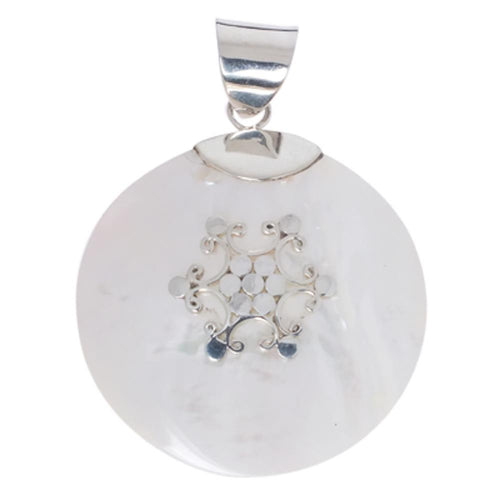 Perlmutt-Anhänger, kreisrunder Damenanhänger aus 925er Sterlingsilber mit Perlmutt und Silberverzierung, ca. 35mm Ø