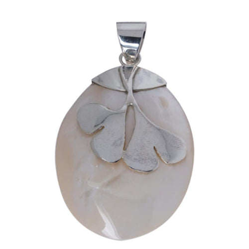 Perlmutt Anhänger oval 925er Sterling Silber Ginkgo Blätter weiß Damen Schmuck