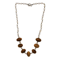 Load image into Gallery viewer, Kette Holzperlen Scheiben Perlen Messingperlen Wachsfaden braun weiß 44 cm
