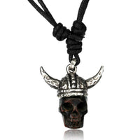 Load image into Gallery viewer, Kette Brass Baumwolle Holz Skull dunkel Anhänger Viking Wikinger Helm verstellbar
