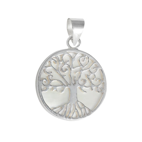 Runder Perlmutt Anhänger aus 925er Sterlingsilber mit stilisierter Baum des Lebens Blume und edlem Muschel-Perlmutt-Inlay – elegantes Schmuckstück in Silber.