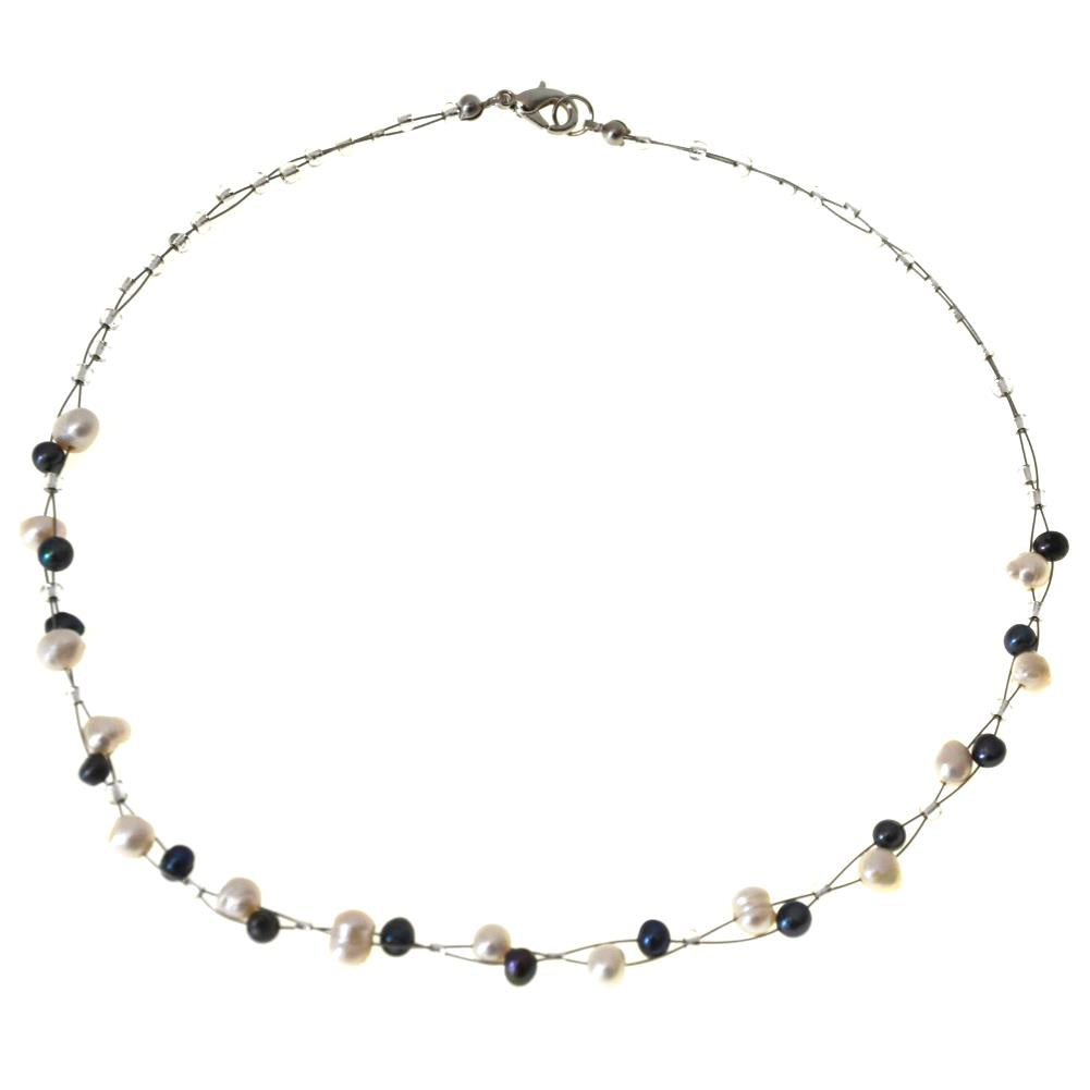 Perlen Halskette Glasperlen blaugrau creme-weiß 42,5cm