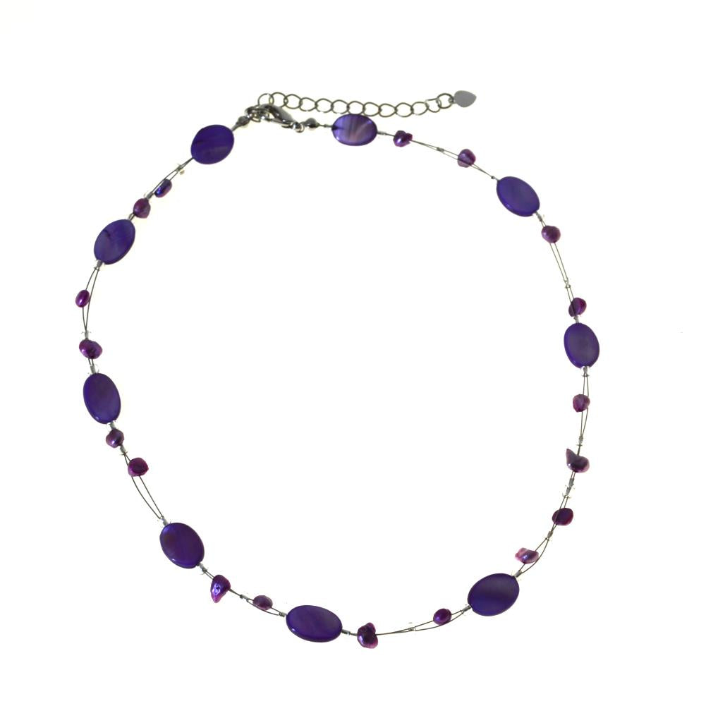 Halskette Glas Perlen Perlmutt Scheiben oval lila 42-48cm