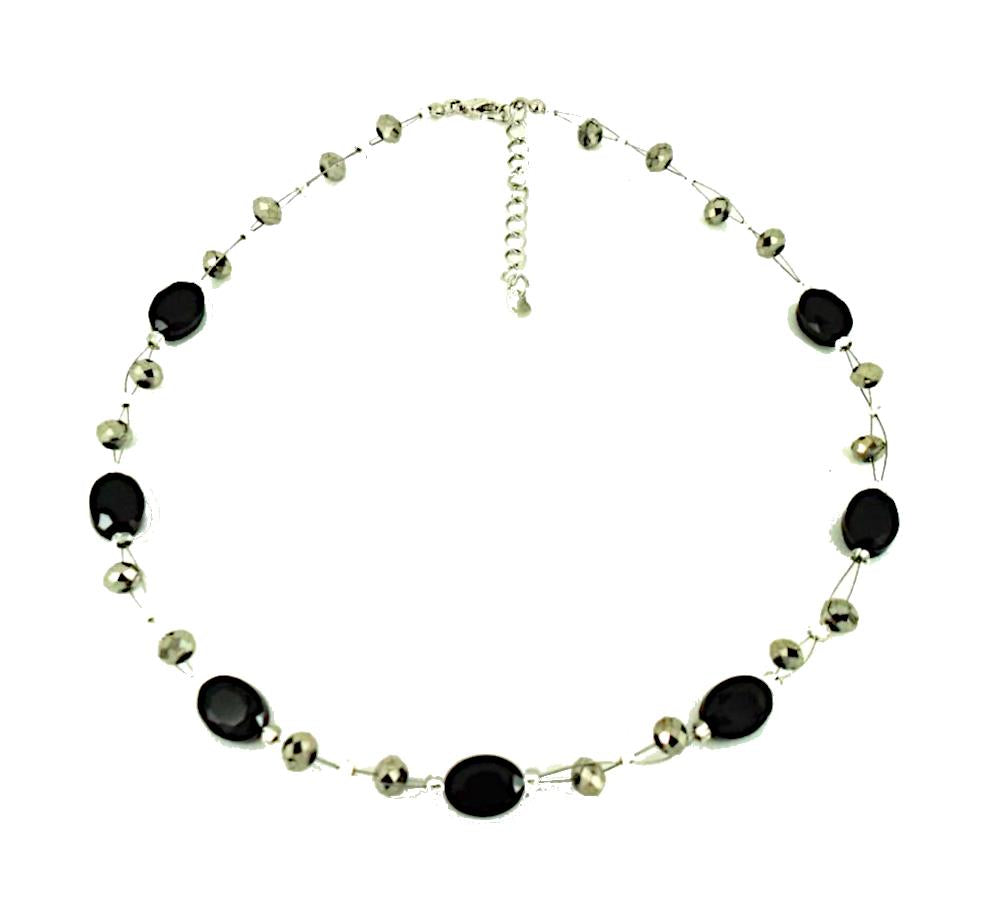 Halskette Glas Perlen Glitzer schwarz silber 42- 48 cm
