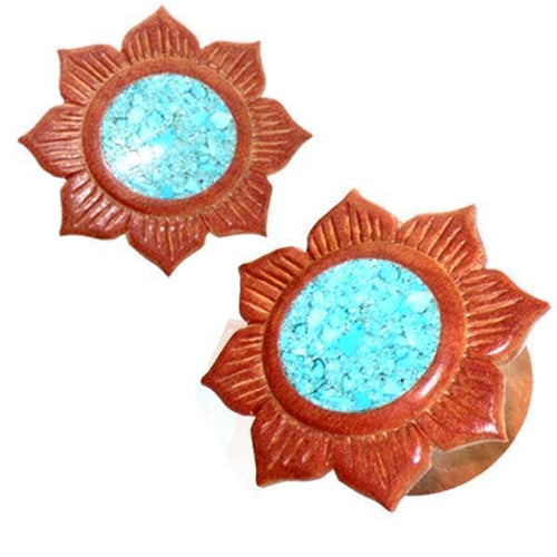 Holzplug Rosenholz rotbraun Sonnenblume Inlay türkis handgeschnitzt Tribal Holz Plug Tunnel