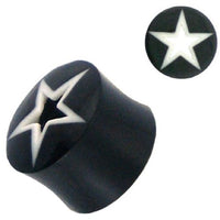 Load image into Gallery viewer, Tribal Buffalo Horn Plug schwarz mit weißem Sternmuster, handgeschnitzt aus Büffelhorn
