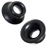 Load image into Gallery viewer, Two Holztunnel Trichter schwarz handgeschnitzt Tribal Holz Tunnel Plugs made from gemasertem Eisenholz are shown on a white background at different angles, highlighting their flared edges and open centers.
