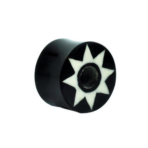 The Horn Tunnel schwarz Bone Inlay Stern weiß is a hand-carved black tribal buffalo horn plug with a white star inlay, designed as body jewelry for stretched piercings.