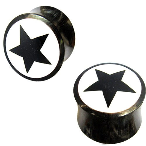 Horn Plug schwarz Bone Inlay Stern Kreis Organic Expander Tribal Piercing Ohrstecker Tunnel