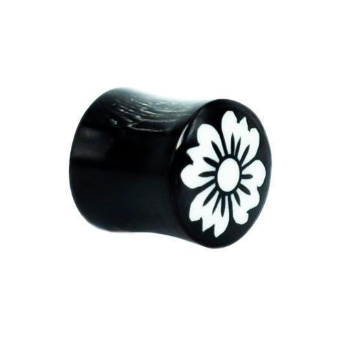 Horn Plug schwarz Bone Inlay weiß Blume Organic Expander Tribal Piercing Ohrstecker Tunnel