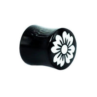 Cargar imagen en el visor de la galería, Horn Plug schwarz Bone Inlay weiß Blume Organic Expander Tribal Piercing Ohrstecker Tunnel
