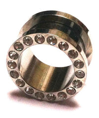 Cargar imagen en el visor de la galería, The Metall Tunnel Chirurgenstahl Strass Kristall Inlay Unisex Plug is a silbergrau expander with clear Glitzerstein crystals on the front edge, perfect for stretched ear piercings and shown on a white background.
