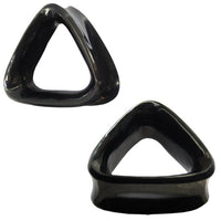 Cargar imagen en el visor de la galería, Two glossy, black, triangular Horn Plug Dreieck schwarz Flesh Tunnel Organic Expanders with rounded edges are shown above and to the left of each other on a white background.
