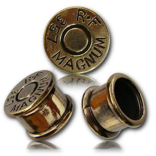 Three antik golden Brass Plug Magnum Patronen Hülse Tunnel Organic Messing Ohrschmuck pieces are shown: one displays the headstamp “.22 R.F. MAGNUM,” the others show the side and open back views. Nickelfrei (nickel-free) design.