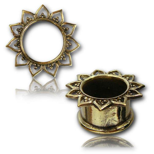 Brass Tunnel antik golden Sonnenblume Punkte nickelfrei Plug Organic Messing Ohrschmuck