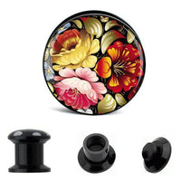 Load image into Gallery viewer, The Schraub Plug Acryl features a large floral design in red, beige, and pink. Shown from side, back, and with the threaded cap off—this striking Tunnel Expander is perfect as unique Ohrschmuck for your piercing.
