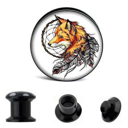 The Schraub Plug Acryl Fuchs Traumfänger Federn Tunnel Expander Piercing Ohrschmuck is a black circular plug featuring a fox head with dreamcatcher and feathers. Three angled views are displayed below the main image.