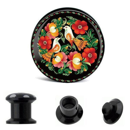 The Schraub Plug Acryl Vogel Paar Garten Blumen Tunnel Expander Piercing Ohrschmuck features a black round decorative knob with painted floral patterns and two orange-white birds, plus three smaller images showing various angles. Perfect for a garden motif.