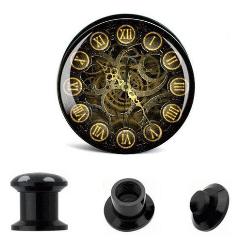 Schraub Plug Acryl Uhr mit Uhrwerk antik Tunnel Expander Piercing Ohrschmuck