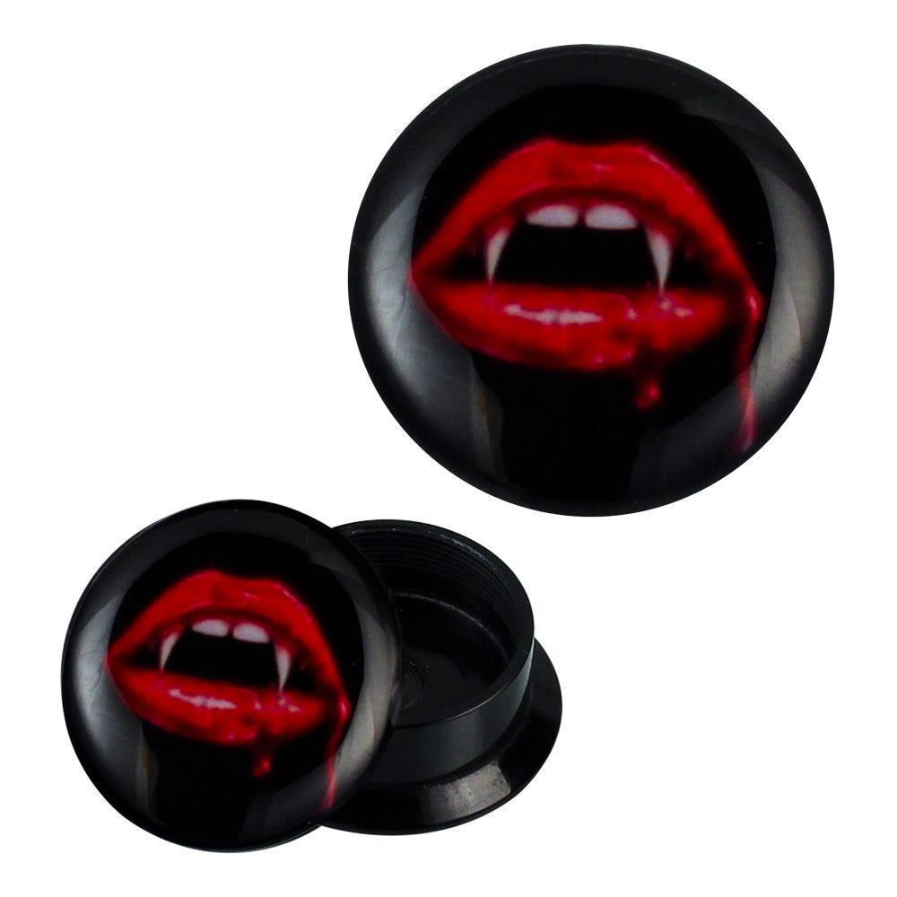Schraub Plug Acryl Rote Lippen Vampirzähne Vampirgebiss Ohrschmuck Piercing