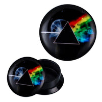 Load image into Gallery viewer, Circular acrylic screw plug earring with lid, featuring the Pink Floyd Dark Side of the Moon-inspired prism and rainbow design on a black background. Product: Schraub Plug Acryl Prisma Regenbogen Mond Piercing Ohrschmuck.
