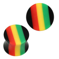 Cargar imagen en el visor de la galería, Two round Plug Acryl Rasta Farben Piercings with black edges, featuring bold red, yellow, green, and black stripes. Vertical stripes run parallel across the face of each Double Flared Plug, adding vibrant style to your Ohrschmuck.
