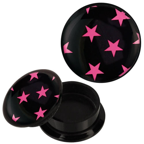 Der Schraub Plug Acryl schwarz pink Sterne ist ein schwarzer Ohrschmuck mit leuchtenden pinken Sternen vorne und offener Rückseite – ein einzigartiges Piercing, das aus jedem Winkel begeistert.