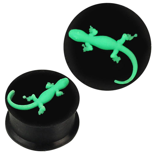 Der Silikon Plug weich schwarz neon grün Gekko Piercing Ohrschmuck zeigt einen leuchtend grünen Gekko auf schwarzem Plug. Das Bild illustriert den Plug aus der Seiten- und Draufsicht.