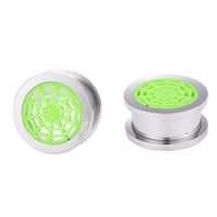 Load image into Gallery viewer, Two silver Schraubplug Chirurgenstahl Tunnel Edelstahl Plugs feature neon green acrylic spiderweb designs on the front, shown side by side on a white background for a bold, unique style.
