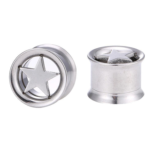 Two silver Edelstahl Tunnel Plug Schraubplugs, each with a star design—one has a cut-out star in a circular frame, the other an embossed solid star; both feature practical Schraubverschluss closures.