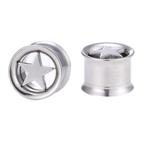 Load image into Gallery viewer, Two silver Edelstahl Tunnel Plug Schraubplugs, each with a star design—one has a cut-out star in a circular frame, the other an embossed solid star; both feature practical Schraubverschluss closures.
