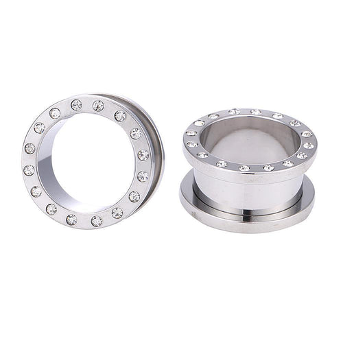 Edelstahl Plug silber Farben eingefasste Zirkonia Steine Schraubplug dünn