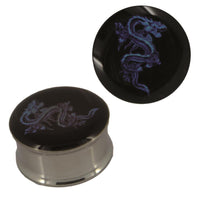 Load image into Gallery viewer, Tunnel silbern Edelstahl Plug Acryl chinesischer Drache blau schwarz Piercing
