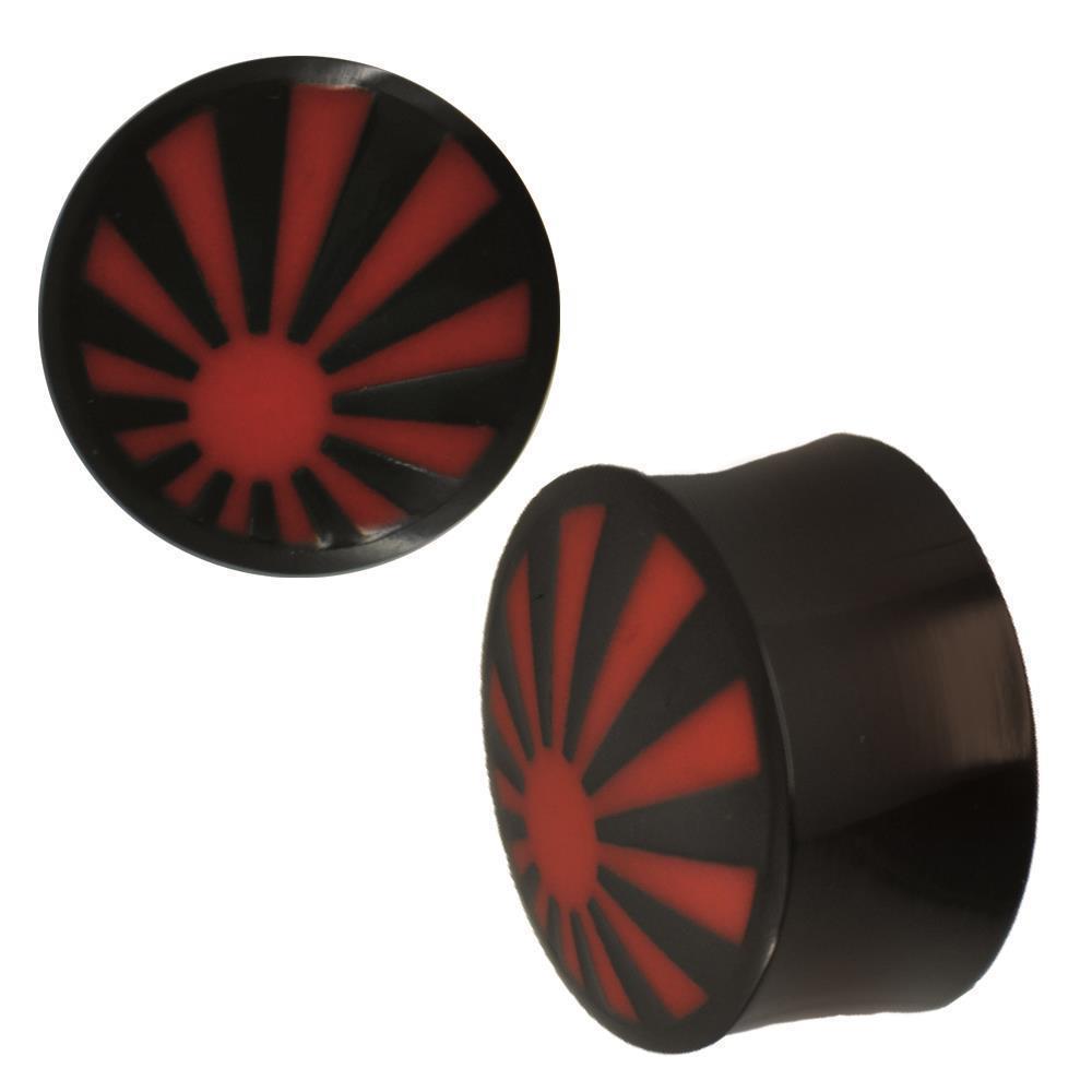 Plug Horn rote Gravur stilisierte Sonne Strahlen breit schwarz Piercing