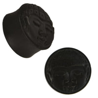 Cargar imagen en el visor de la galería, Plug Holz schwarz Buddha Kopf handgeschnitzt karierte Haube Tribal Piercing
