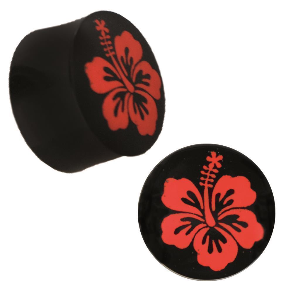 Plug Horn rote Gravur Hawaii Blume handgeschnitzt schwarz Piercing