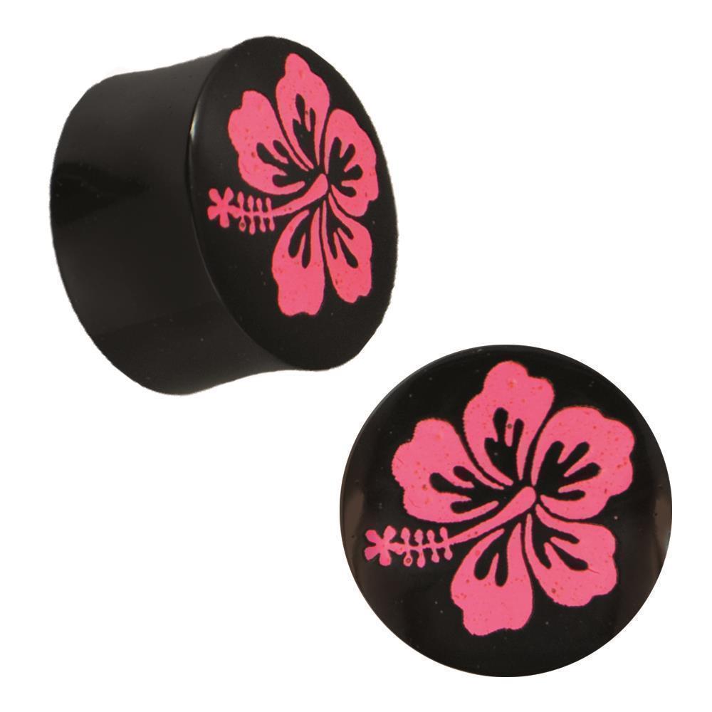 Plug Horn neon pinke Gravur Hawaii Blume handgeschnitzt schwarz Piercing