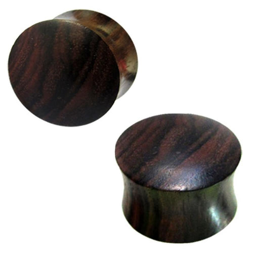 Two Tribal Holz Plug dunkelbraun Naturmuster Sonoholz Tunnel ear plugs, handgeschnitzt with a smooth, polished surface and rounded edges, shown from different angles against a white background.