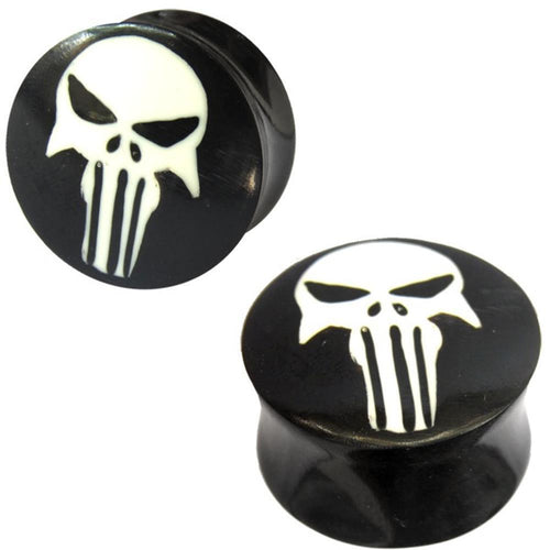Horn Plug in schwarz weiß Totenkopf Muster handgeschnitzt Tribal Buffalo Tunnel Ohrstecker