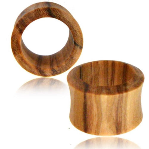 Two Olivenholz Tunnel hell braune Maserung Expander Plug Tribal konvex ear gauges are shown, featuring a smooth, natural finish with light brown grain; one stands upright while the other is tilted to reveal its side and inner details.
