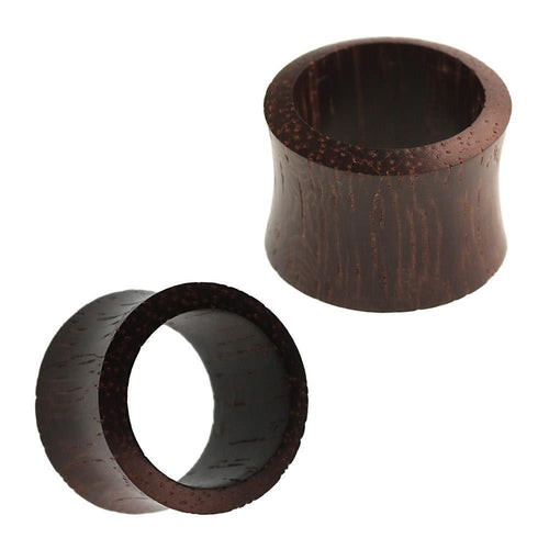 Two dunkelbraune, konvexe Holz Tunnel Eisenholz Organic Holztunnel mit sichtbarer Maserung werden aus verschiedenen Blickwinkeln vor weißem Hintergrund gezeigt.