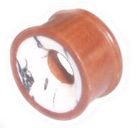 Cargar imagen en el visor de la galería, A hand-carved Holz Tunnel Howlith Plug in brown rosewood with a white marbled center and black abstract design, featuring a hollow core and glossy finish.
