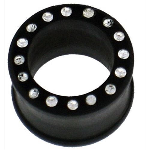 The schwarz Holztunnel Kristalle weiß is a hand-carved Ironwood ear tunnel plug, featuring a circular black design accented with a row of sparkling white crystals around the edge for an elegant tribal look.