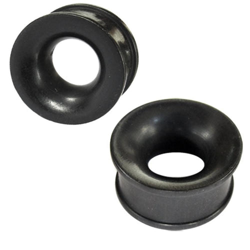 Two Eisenholz Tunnel schwarz fein gemasert Holztunnel handgeschnitzt Tribal Holz Plug Expander, designed for stretched ear piercings, are displayed on a white background.