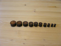 Load image into Gallery viewer, Nine round, black Plug Arangholz Wikinger Kompass Inlay double flared tokens of various sizes with gold markings, including a Viking Vegvisir Plug design, are lined up from largest to smallest on a light wooden surface.
