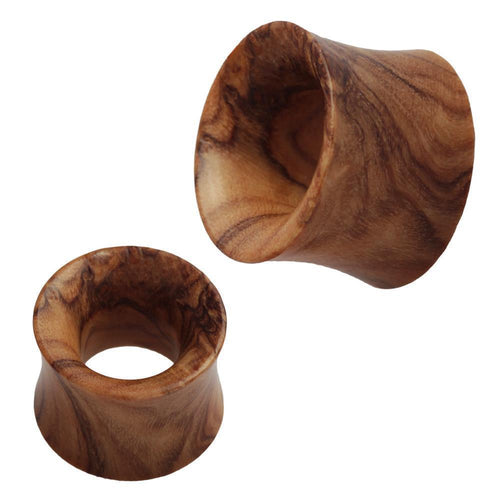 Two Olivenholz Flesh Tunnel Ohr Piercing Holz Double Flared ear gauges, featuring smooth surfaces and natural wood grain patterns, displayed on a white background.