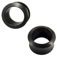 Load image into Gallery viewer, Two black, circular handgeschnitzte Holztunnel aus Eisenholz mit Maserung, inspiriert vom Tribal-Stil. Einer zeigt die Öffnung, der andere ist geneigt, um die Tiefe für gedehnte Ohrlöcher zu zeigen.
