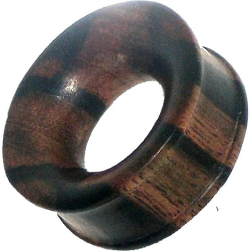 A close-up of the Holztunnel Tigerholz dunkelbraun Plug, featuring a dark brown color with natural grain, curved shape, and flared edge—hand-carved Tribal Holz Tunnel Plug as Ohrschmuck for stretched ear piercings.
