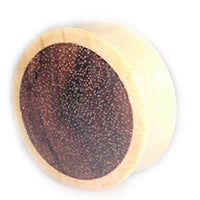 Cargar imagen en el visor de la galería, A double-flared, round Unisex Holz Plug Flesh Tunnel crafted from light and dark teak wood with an inlay, featuring a button-like dark brown center with dot texture, shown against a white background.
